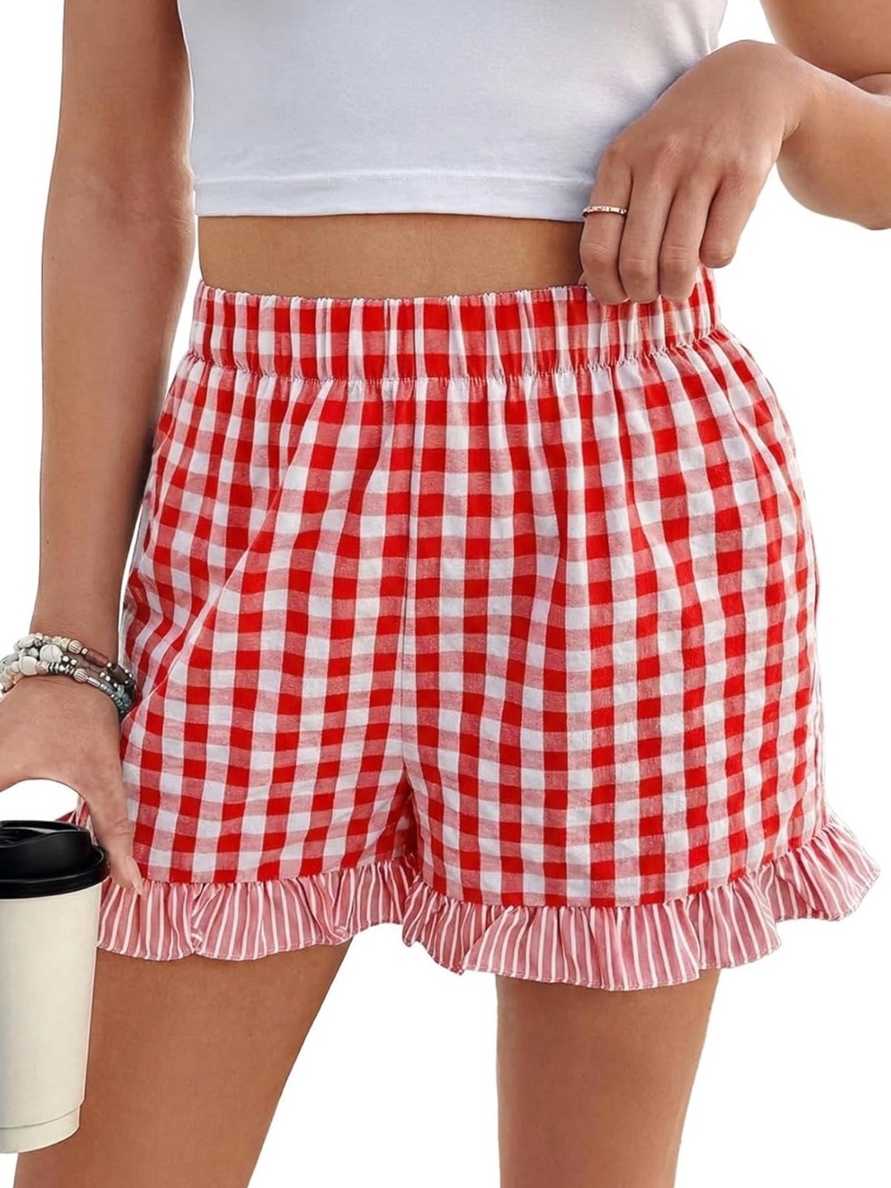 Red Gingham Ruffle Hem Women’s Shorts